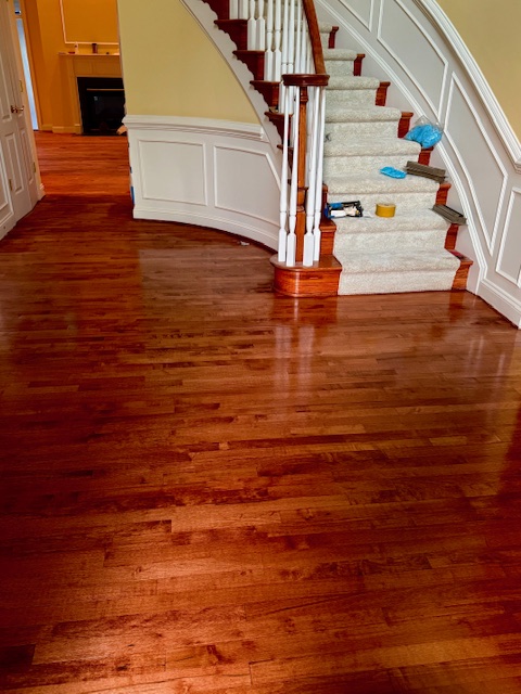 Glossy dark-stained hardwood floor meeting a white staircase and railing.